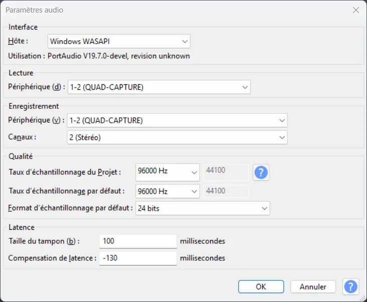 Capture d'écran des réglages Audacity (96 000 Hz, 24 bits) - illustration de numériser vinyle