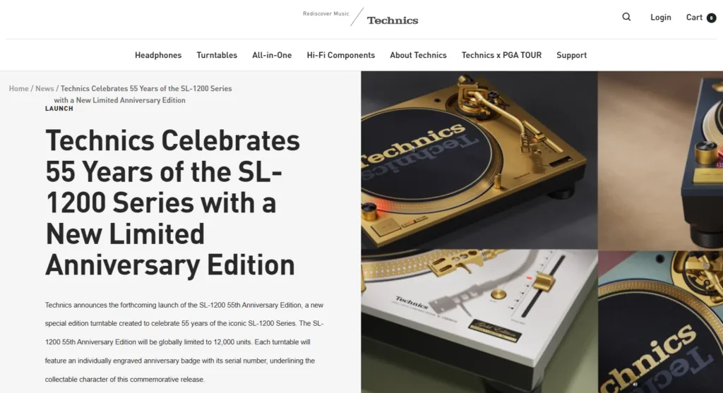 Page officielle Technics présentant la SL-1200 M7G, édition commémorative des 55 ans de la série SL-1200