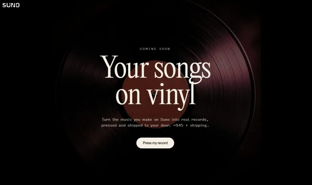 Page officielle du service Suno Vinyl annoncé en août 2026 - Illustration de l'article Vinyle généré par IA